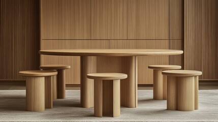 Elegant Ming-style round table with four matching stools in a minimalist setting