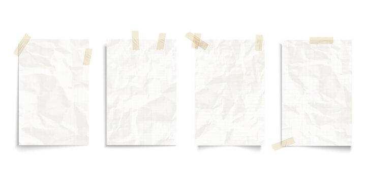Realistic crumpled  pieces of paper notebook pages in a line and in a cage with adhesive tapes