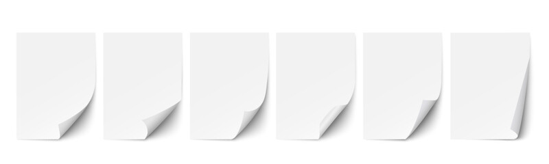 Vector set of realistic paper page with curly corners