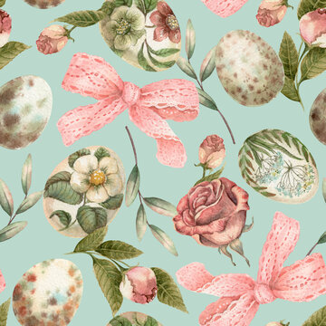 Easter seamless pattern with flower egg and ribbon on the blue background. Hand drawn watercolor design in vintage style. Cute nature print idel for wallpaper. Perfect for holiday fabric and paper.