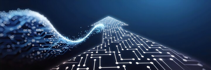 Digital circuit-based arrow forming from blurry light on blue gradient background – Ideal for AI technology, cybersecurity branding, or fintech design.