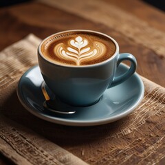 Close-up of a cup of coffee with latte art and a soft fabric napkin