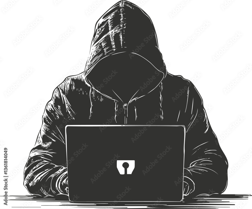 Poster hacker in hoodie using laptop for cybersecurity themes and online privacy concepts.
