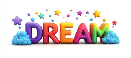 Fototapeta premium Volumetric DREAM Rainbow 3D Text Isolated On A White Background With Stars And Blue Clouds