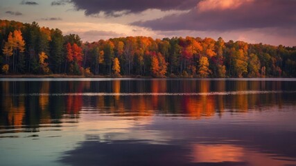Fototapeta premium A serene autumn landscape reflecting vibrant foliage on calm water under a colorful sky.