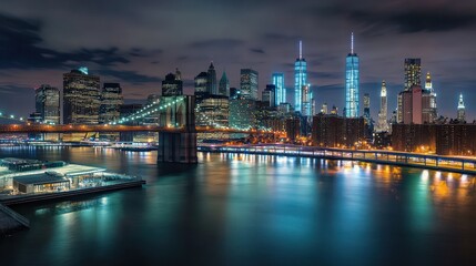 NYC Skyline at Night with Brooklyn Bridge, Cityscape, River Reflection