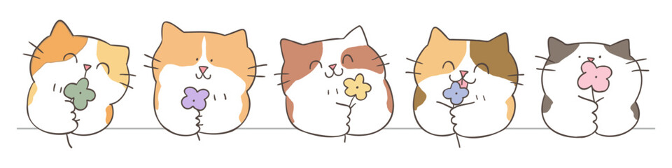 Vector Illustration of Cute Cartoon Cat Characters on Isolated Background. Hand Drawn Vector Illustration.