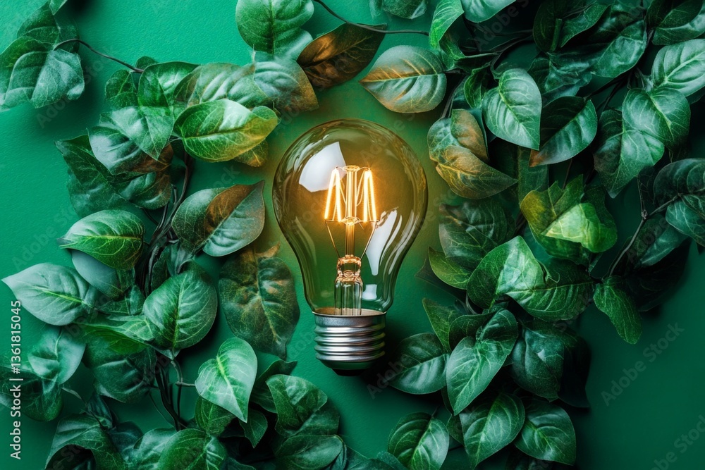Poster bright light bulb surrounded by lush green leaves creating an eco-friendly atmosphere in a minimalis
