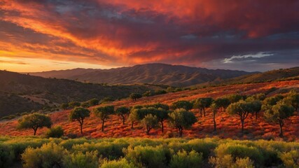 A vibrant sunset over rolling hills, showcasing a serene landscape with trees and colorful clouds.