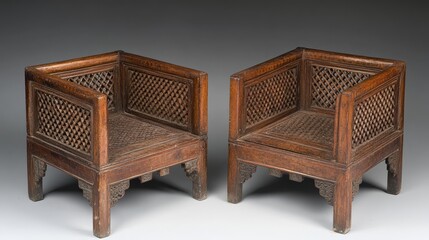 Pair of Ming-style wooden armchairs with intricate joinery work