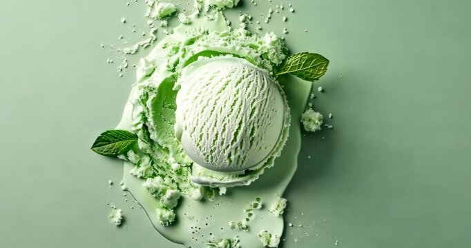 Mint ice cream served on a green plate surrounded by mint leaves and sprinkles