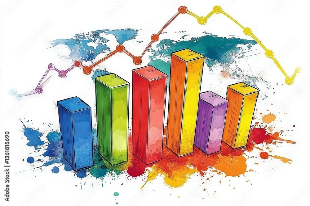 Poster Colorful bar graph representing data trends on a vibrant world map background with dynamic lines in various colors