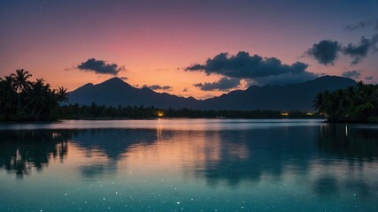 Fototapeta premium Serene twilight over a calm lake with mountains and palm trees reflected in the water.