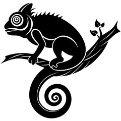 A vector silhouette of a chameleon climbing a branch, 