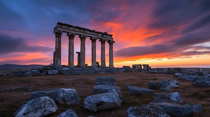 Fototapeta premium Ancient ruins stand against a vibrant sunset, capturing history and dramatic beauty