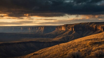 Naklejka premium A breathtaking landscape featuring dramatic cliffs and valleys under a moody sky at sunset.