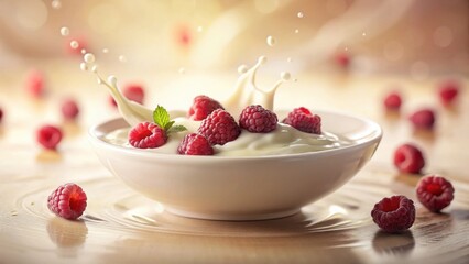 Creamy dairy dessert with fresh raspberries and a splash of milk in a bowl