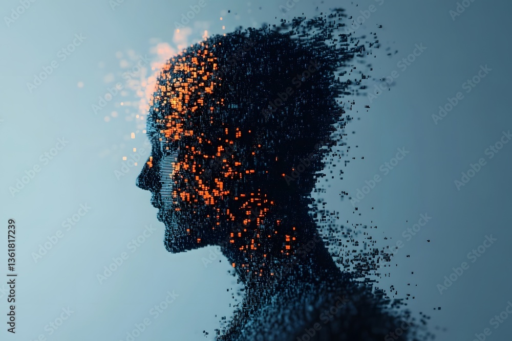 Poster abstract representation of a human head dissolving into particles, symbolizing digital transformatio