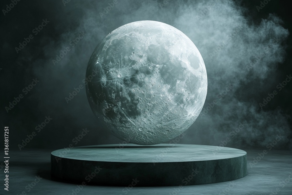 Poster floating moon in a mystical atmosphere with swirling smoke during nighttime display