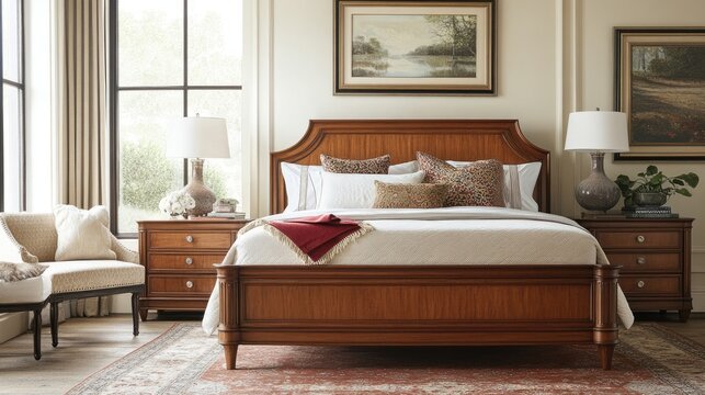 Elegant Master Bedroom Suite with Wooden Bed and Nightstands