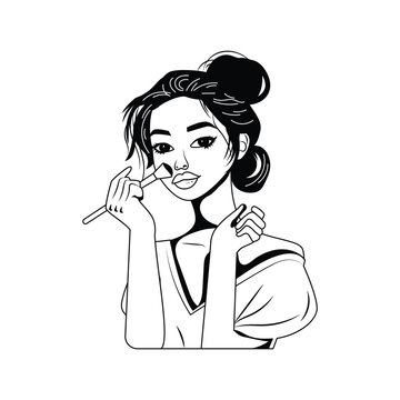 woman applying makeup, black and white clip art preview