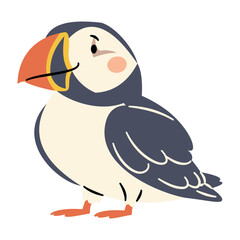Flat vector illustration in a simple children's style. Cute puffin bird on white background. Animals of the North Pole. Vector illustration