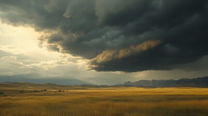 Obraz premium Dark storm clouds billow over an expansive golden field, casting dramatic shadows and creating a tense, electrifying atmosphere.
