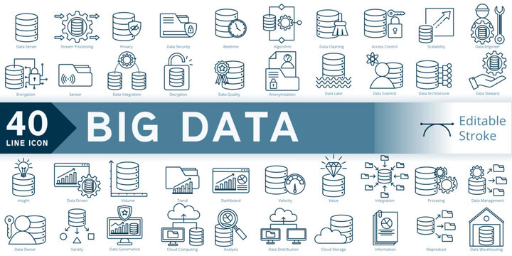 big data icon set, simple line element big data with editable stroke, data simple icon, storage icon line style vector image