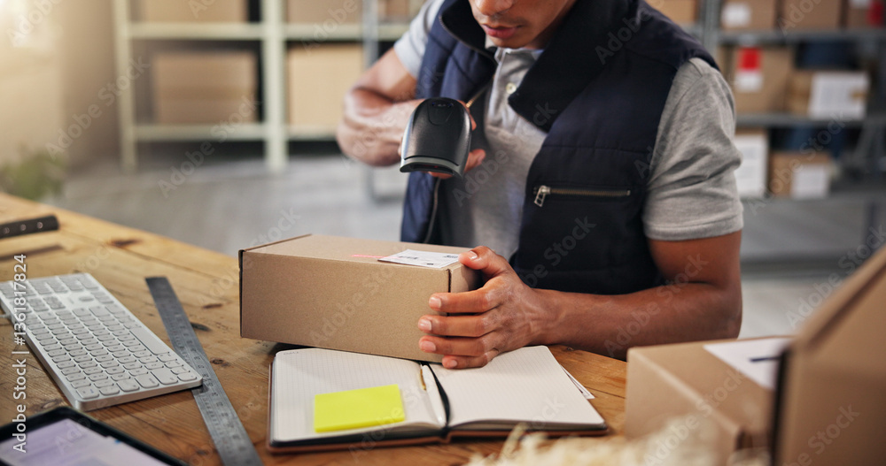 Poster hands, man and scanner with box for distribution of inventory management, order barcode and stock. p