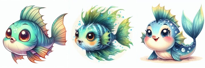 Obraz premium Charming cartoon trio: Whimsical undersea fish with expressive eyes