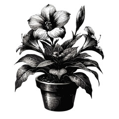 Botanical Potted Amaryllis, Monochrome, Scientific Illustration, On White Background