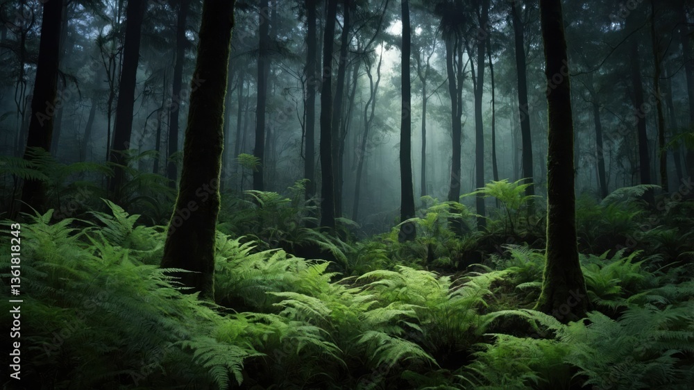 Poster a serene forest scene with tall trees and lush ferns, illuminated by soft, diffused light.