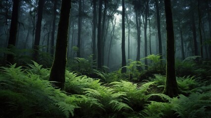 Obraz premium A serene forest scene with tall trees and lush ferns, illuminated by soft, diffused light.