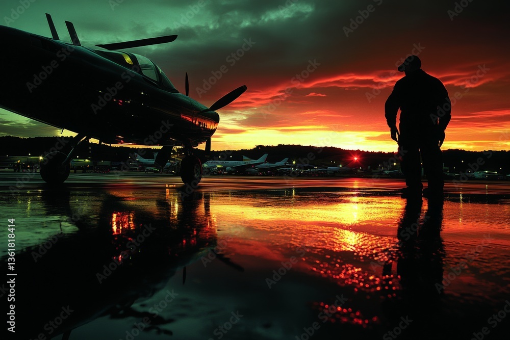 Poster sunset view at the airport with a silhouette of a man beside a small aircraft reflecting vibrant col