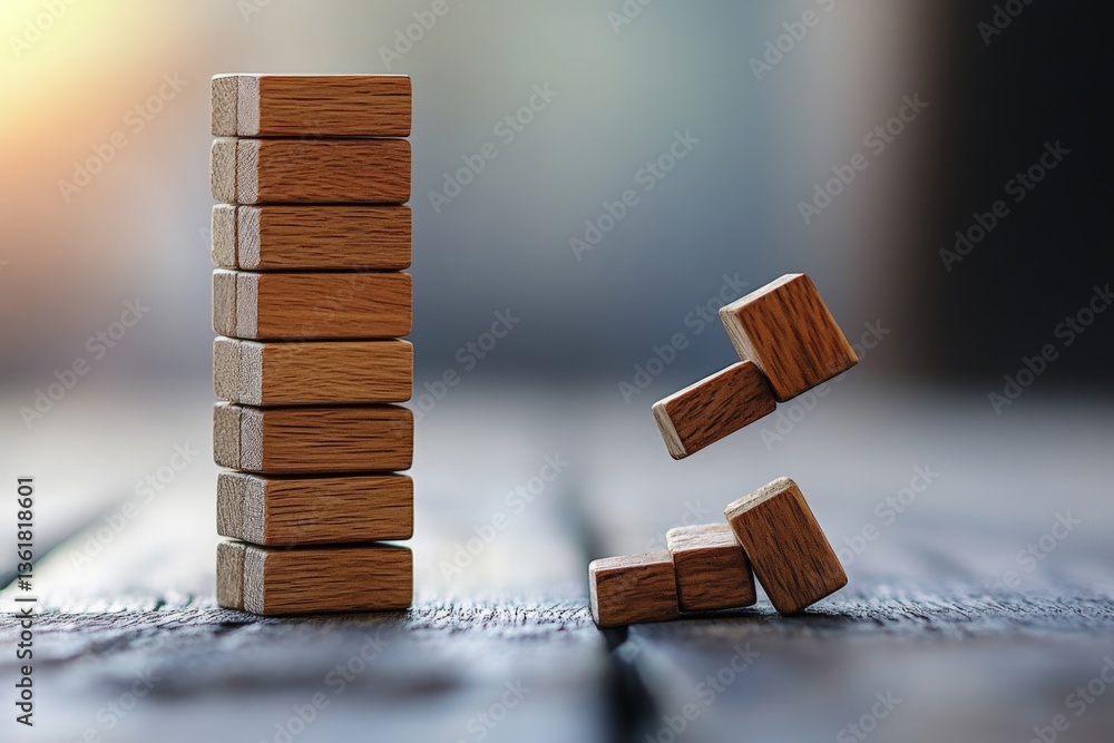 Poster wooden blocks stacked and toppled during a casual game on a wooden surface in warm daylight