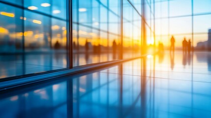 Fototapeta premium Modern Corporate Office Interior with Glass Walls, Reflections, and Blurred People in the Background