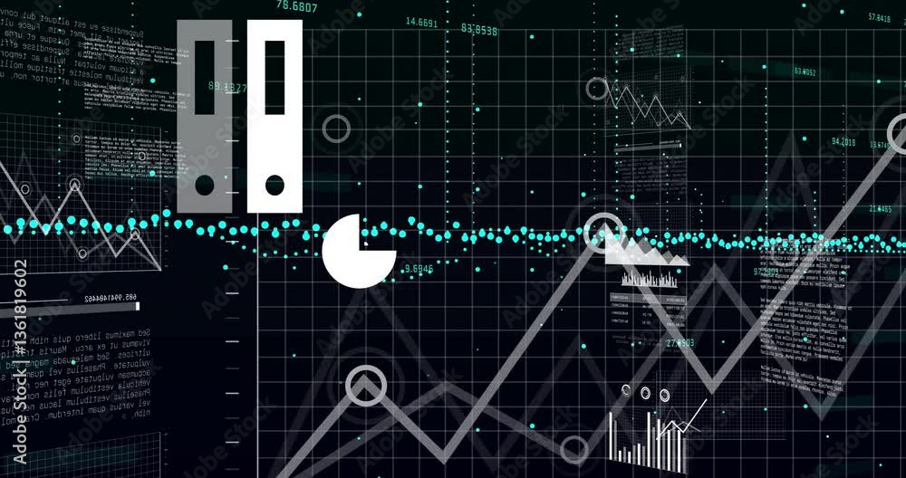 Poster creating animation with charts and graphs on digital network background