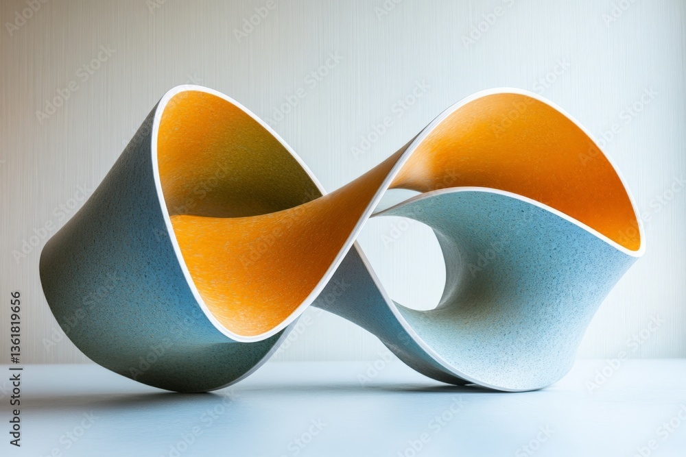 Poster unique abstract sculpture with flowing curves and vibrant colors displayed indoors