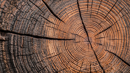 Fototapeta premium A close-up view of a tree stump's cross-section, showcasing intricate growth rings and textures that reveal its age and history.