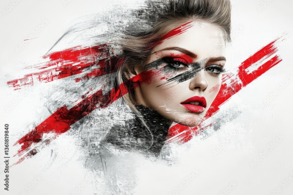 Poster artistic portrayal of a woman with bold makeup during a creative expression session in an urban sett