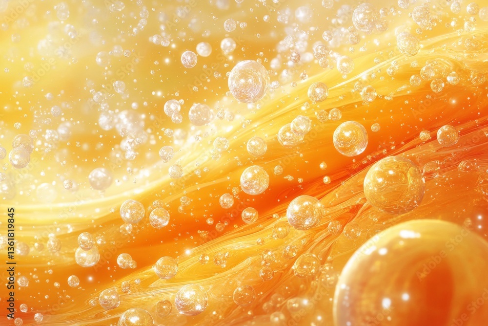 Poster Bubbles rise through a vibrant orange backdrop creating a lively, abstract visual effect in a playful atmosphere