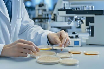 A laboratory assistant in a white coat carefully placing bacteria samples in petri dishes, conducting chemical analysis with advanced laboratory tools in the background.