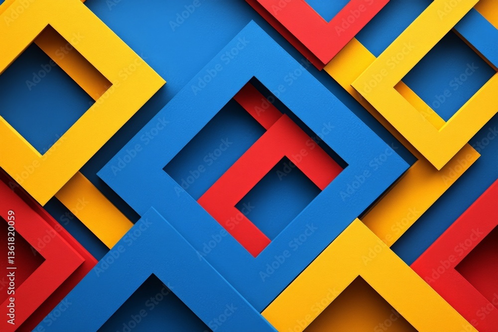 Poster colorful geometric shapes arranged in a vibrant pattern on a blue background