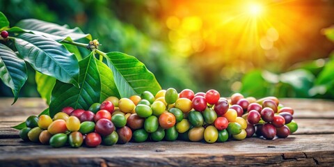 Fototapeta premium Vibrant coffee beans in various stages of ripening, nestled amongst lush green leaves, bathed in the warm glow of sunlight on a rustic wooden surface.