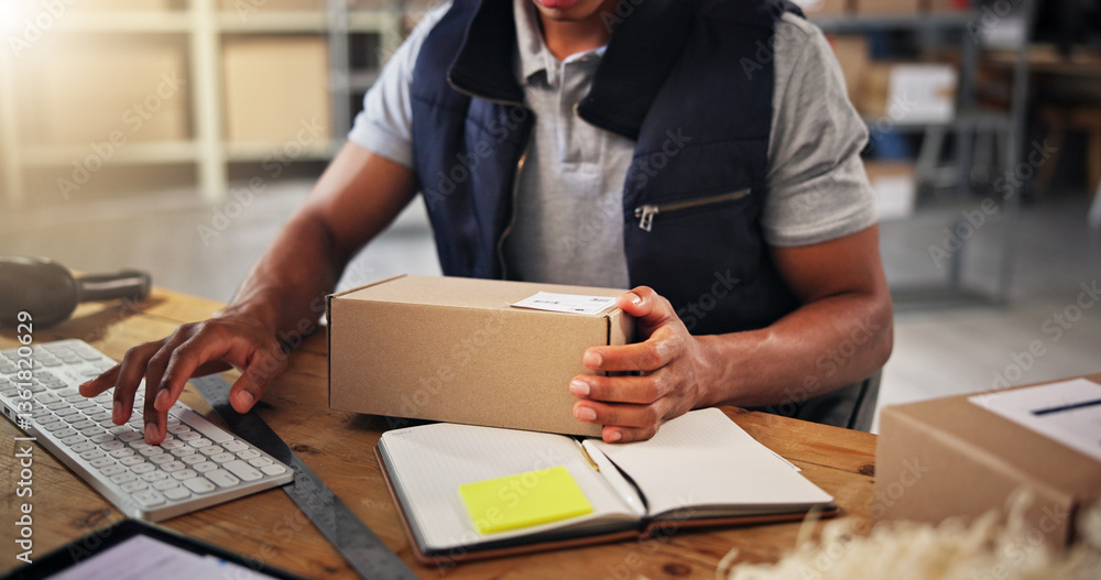 Aufkleber hands, man typing with box for distribution of inventory management, online order and stock. person,