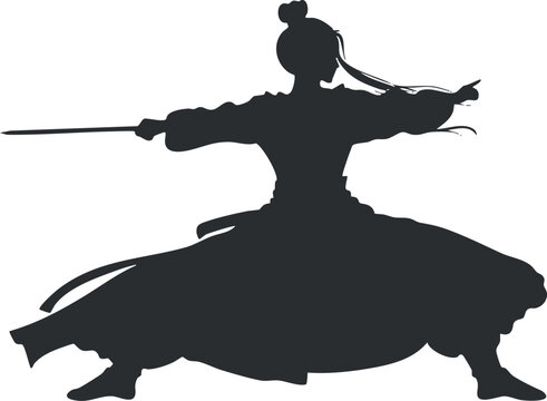 recommend clip art: Silhouette of a samurai in combat pose with a sword for martial arts themes.