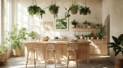 Sunlit Bohemian Kitchen Interior Design with Abundant Greenery