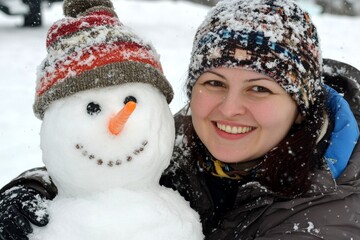 External joy with snowstorm for child boy and woman in winter we