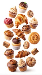 Assortment of Delicious Pastries and Cupcakes Falling on White Background