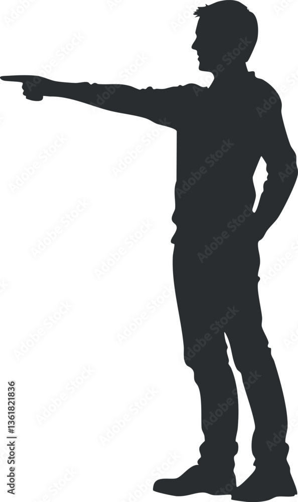 Poster silhouette of a man pointing for communication and directional themes in design.